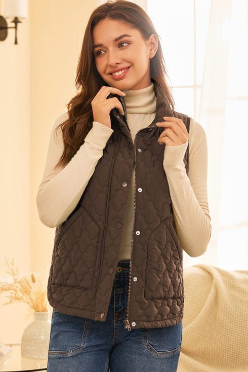 Stand Collar Flower Quilted Snap Button Zip Vests